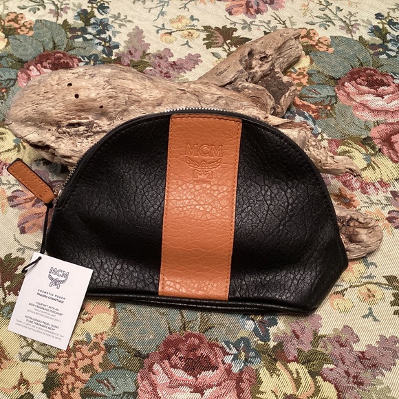 MCM Handbags - BNWT MCM Embossed Logo Stripe Clutch Cosmetic Bag Pouch / Black & Tan